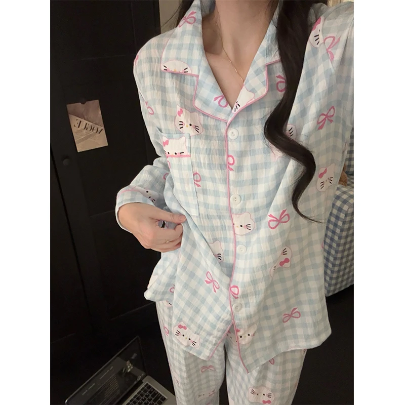 云朵棉睡衣女款春秋季可爱卡通小猫长袖长裤棉绸家居服套装可外穿