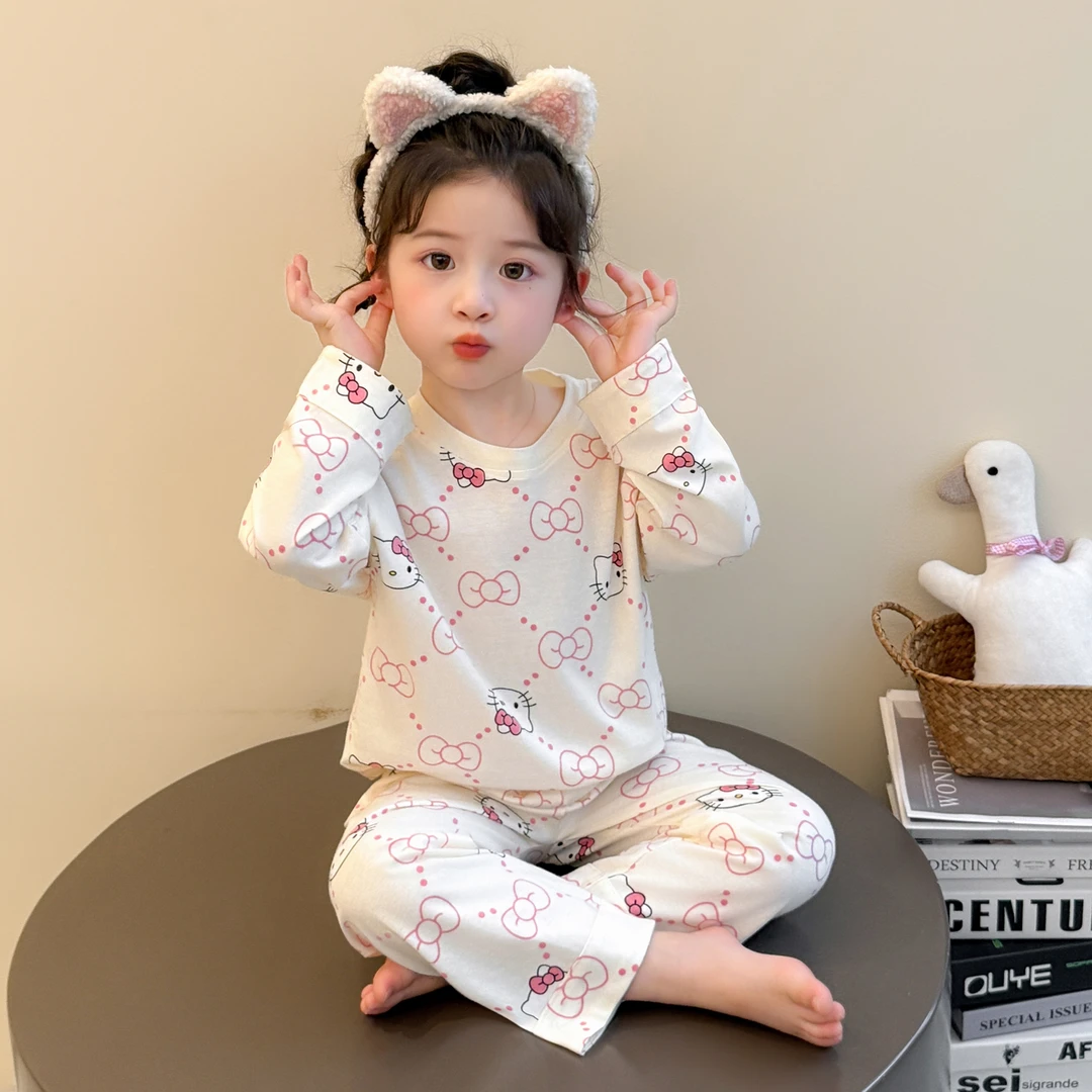 女童Kitty猫睡衣a类纯棉春秋2025新款女孩长袖套装女宝儿童家居服