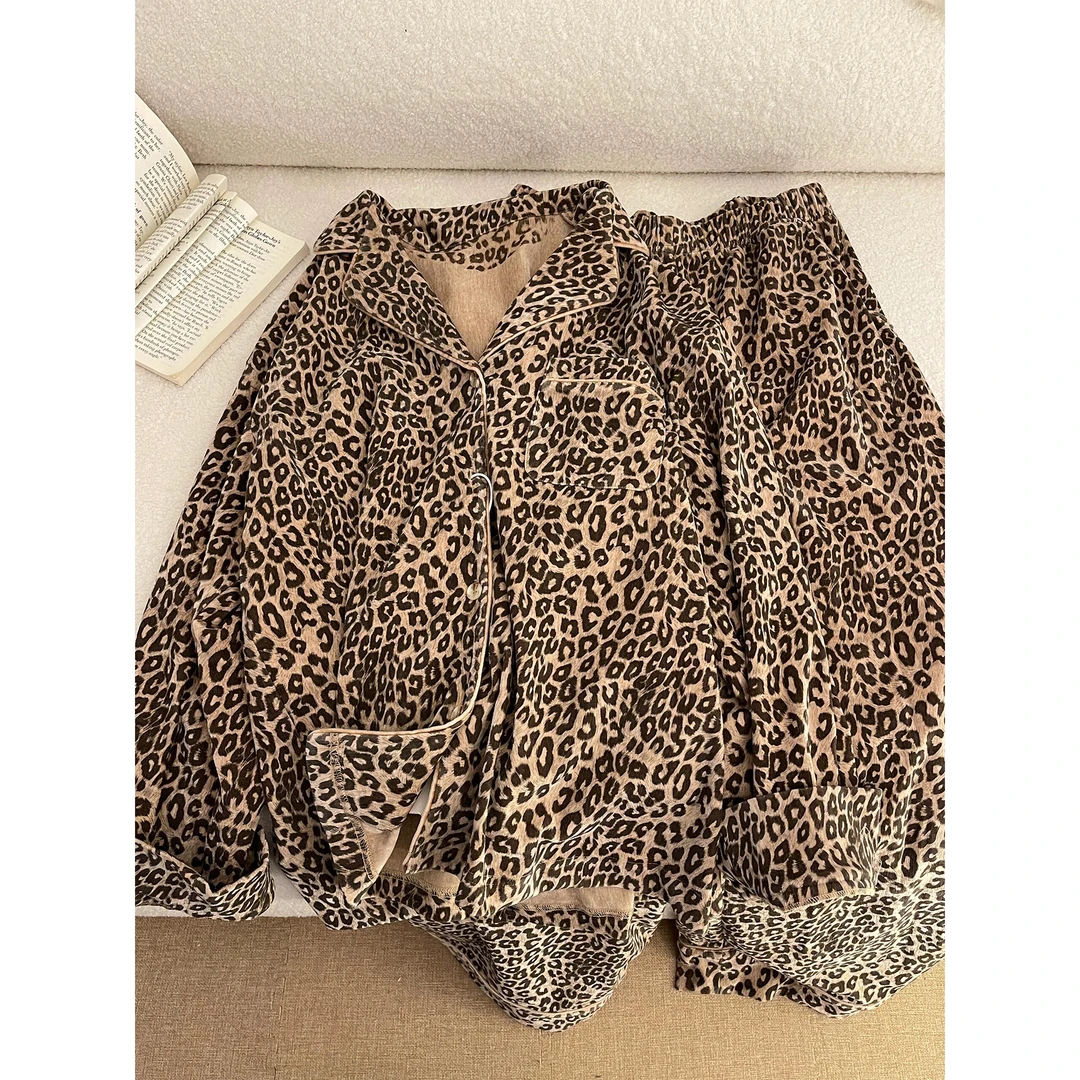 美拉德豹纹珊瑚绒睡衣女秋冬新款加绒加厚法兰绒家居服套装可外穿