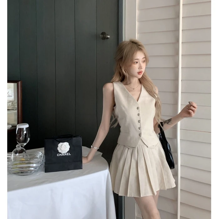 小香风无袖v领马甲背心上衣高腰百褶半身裙a字短裙子两件套女夏季