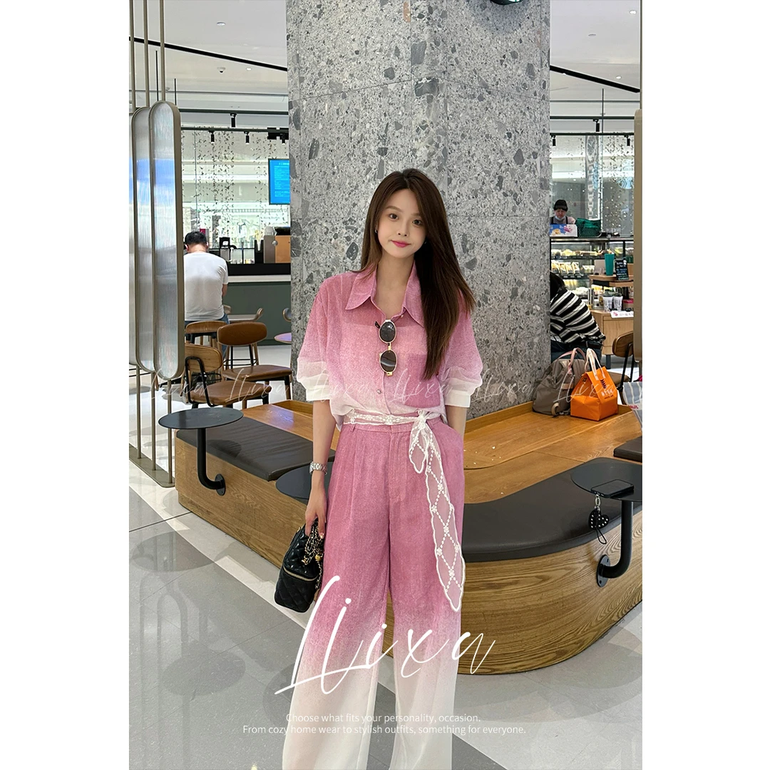 【雨薇】Liixu新款夏季时尚复古渐变衬衫阔腿裤四件套L52TZ418