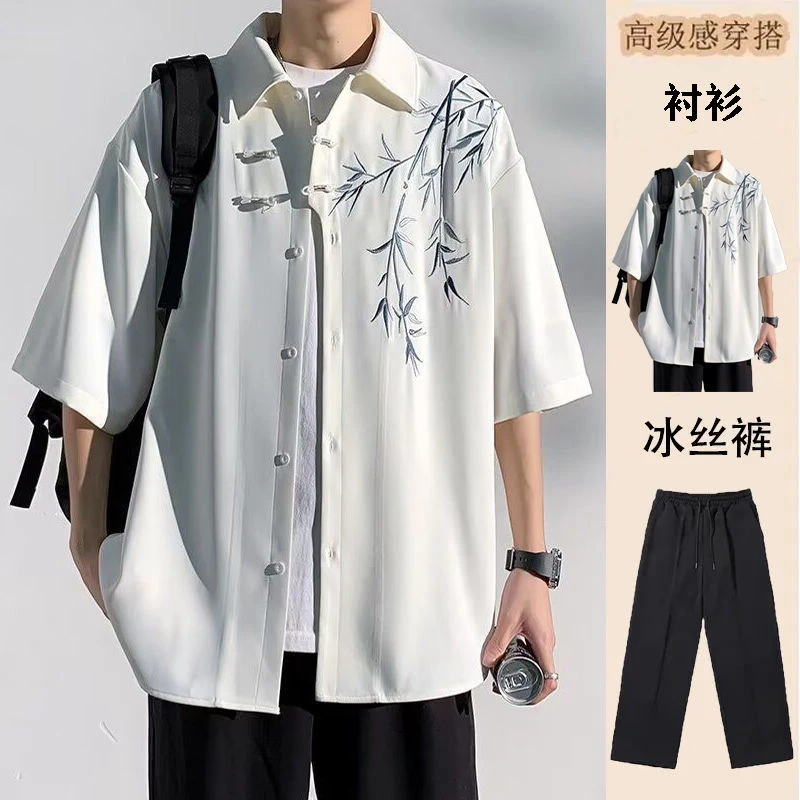 2025夏季国风中式中国刺绣竹子短袖衬衫男装高级宽松休闲衬衣外套