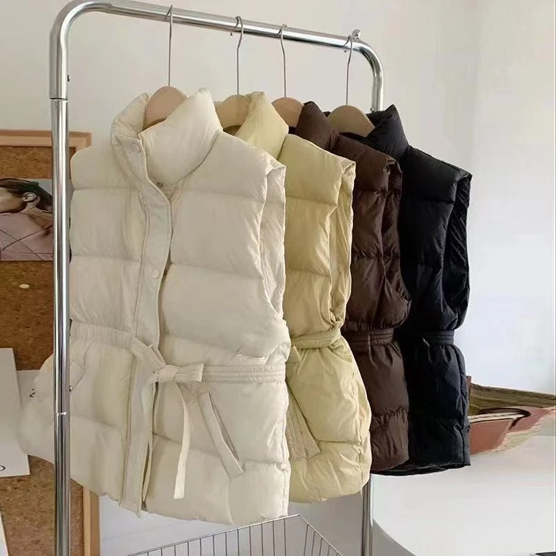秋冬季立领抽绳收腰羽绒马甲女韩版时尚加厚白鸭绒洋气春冬季外套