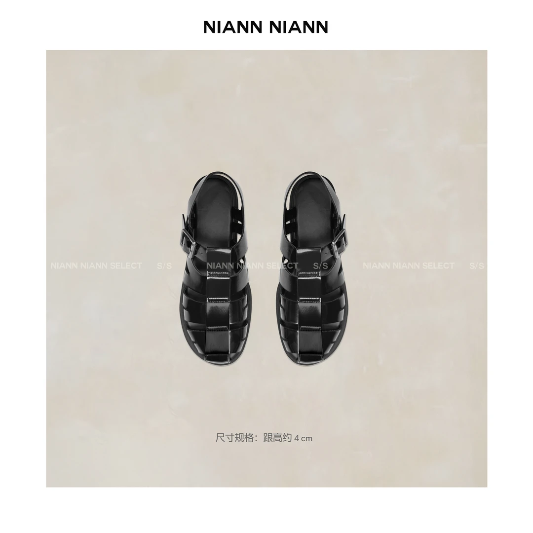 NiannNiann 新品鞋履法式复古开边珠小牛皮包头罗马凉鞋15412