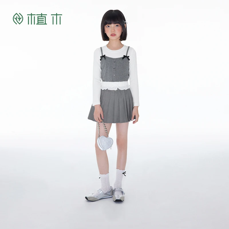 植木童装女童T恤2025春季新款中大童假两件长袖T恤上衣儿童T恤