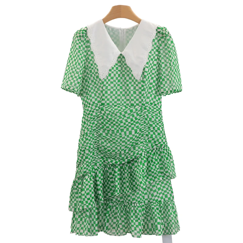 F2547-【郁】不规则棋盘格短袖娃娃领连衣裙#XYX56L002