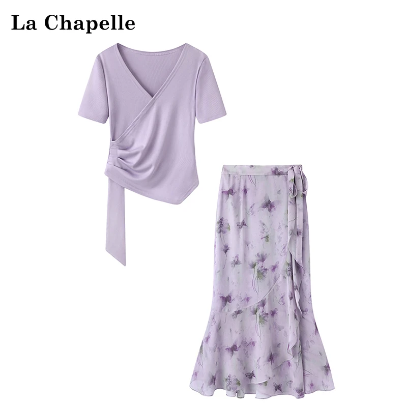 拉夏贝尔气质法式V领褶皱不规则短袖T恤印花系带荷叶边半身裙套装