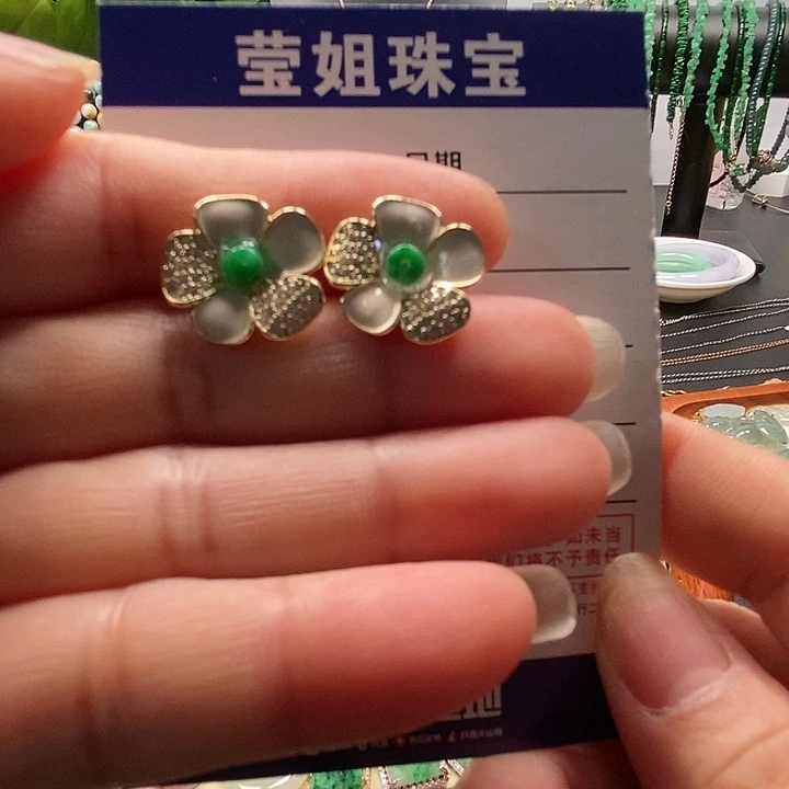 合金翡翠耳饰绿珠花耳钉