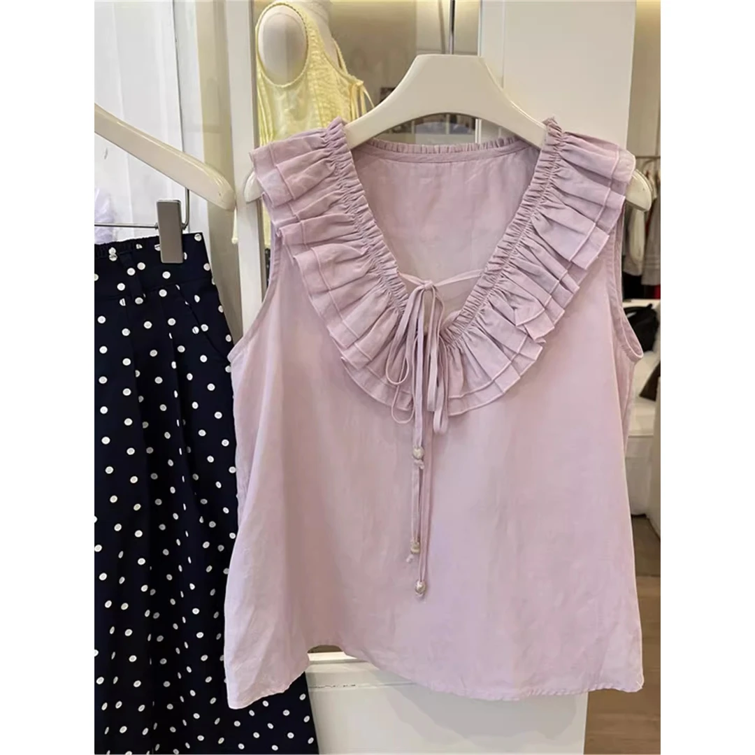 夏日ootd穿搭~2025V领系带荷叶边背心宽松显瘦无袖衬衫减龄上衣女