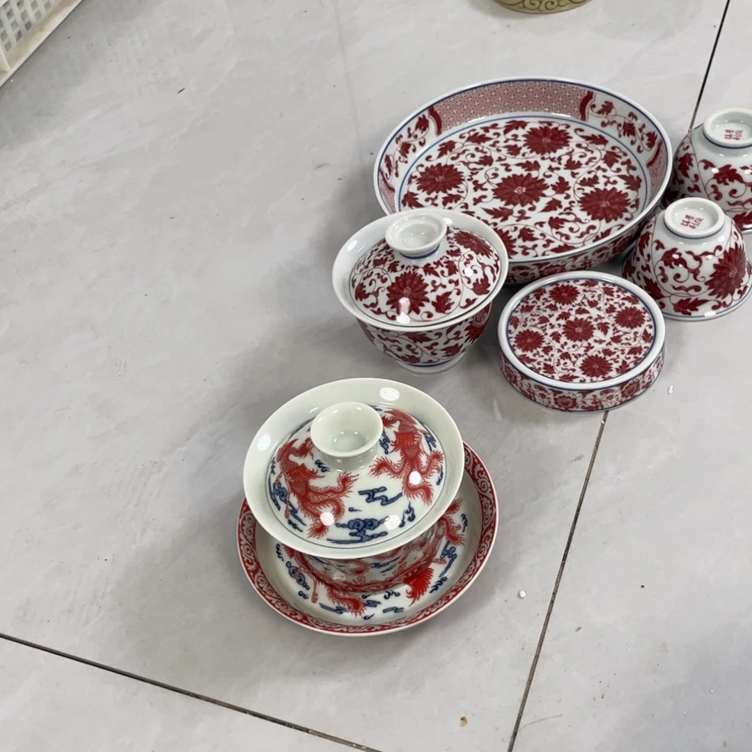 瓷片景德镇釉里红缠枝莲五件套