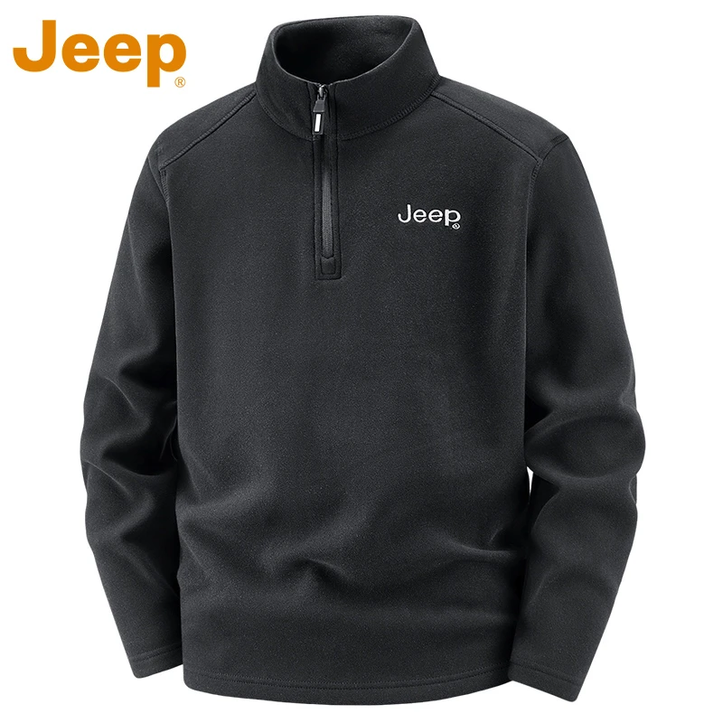 JEEP吉普大码立领德绒卫衣男款冬季黑色高级加绒保暖休闲弹力上衣