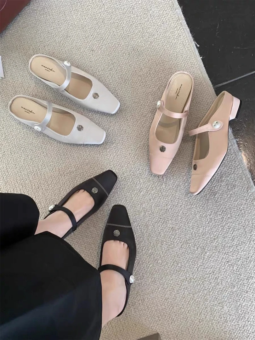 法式小香风粗跟包头半拖女外穿2025春夏新款一字带浅口透气凉拖鞋