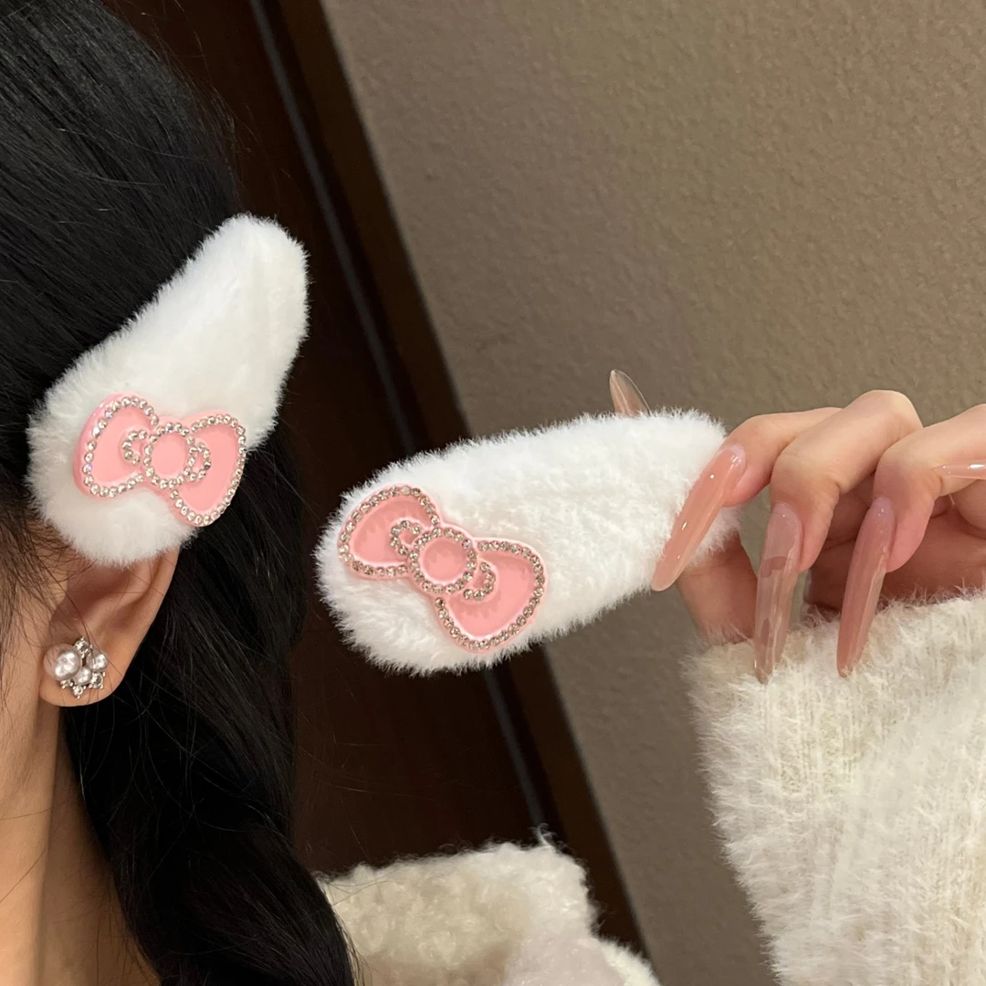 秋冬毛绒粉蝴蝶结水钻发夹可爱少女侧边碎花BB夹甜妹百搭韩版发卡