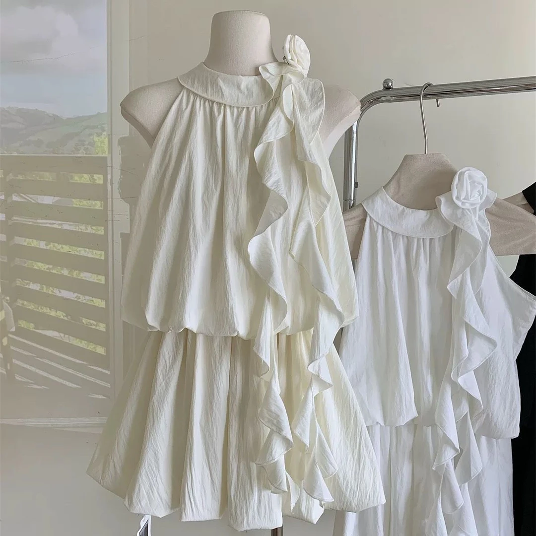 飘带气质无袖连衣裙夏季小个子立体花朵修身收腰显瘦露肩短裙女