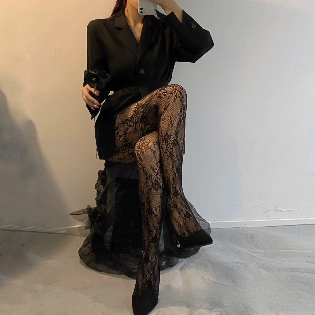 2024新款女纯欲丝袜镂空蕾丝白色花藤网袜黑色丝袜