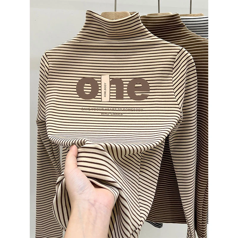 德绒保暖打底衫女内搭秋冬新款条纹加厚半高领长袖T恤叠穿小衫上