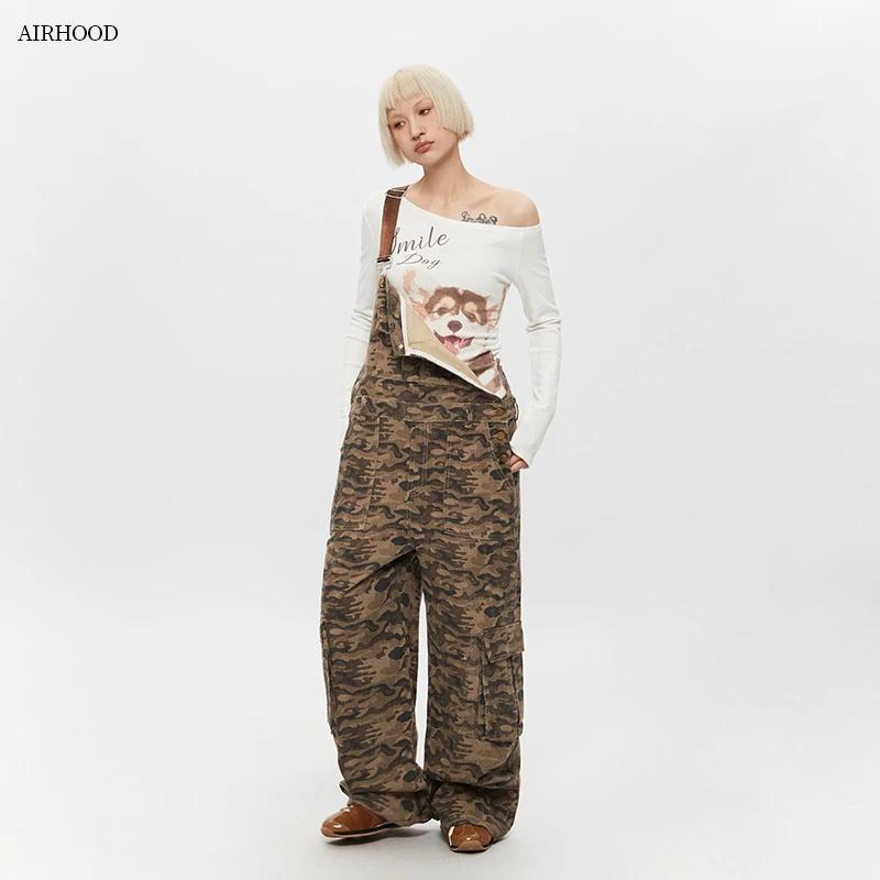 AIRHOOD复古工装迷彩牛仔背带裤女2025春秋新款复古连体裤子70287