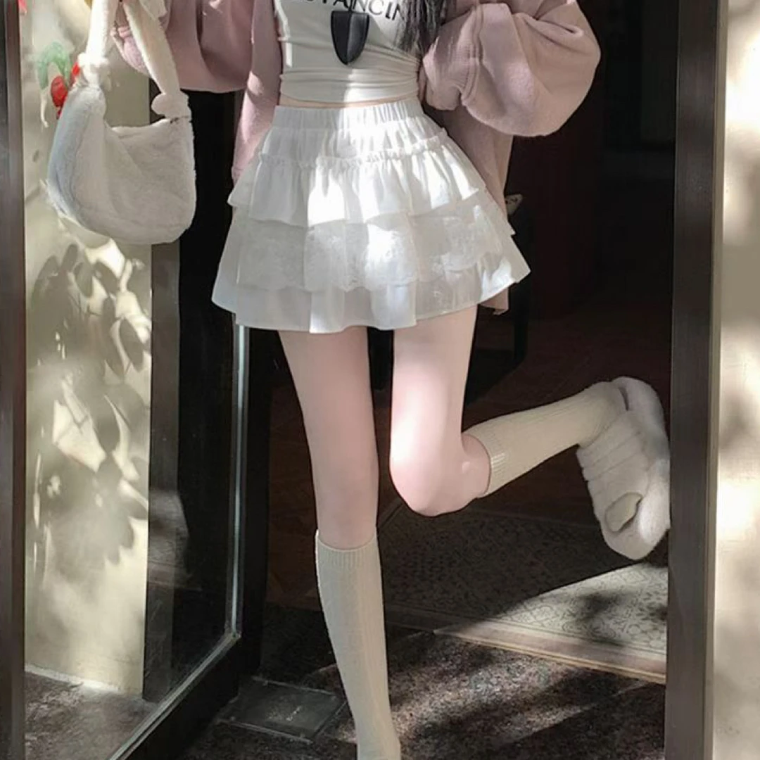 纯欲木耳边蕾丝拼接蓬蓬半身裙女秋冬2025高腰显瘦A字蛋糕短裙