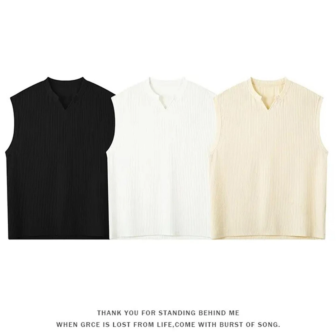 美式凉感V领褶皱背心男款夏季薄款小袖口无袖T恤运动休闲马甲汗衫