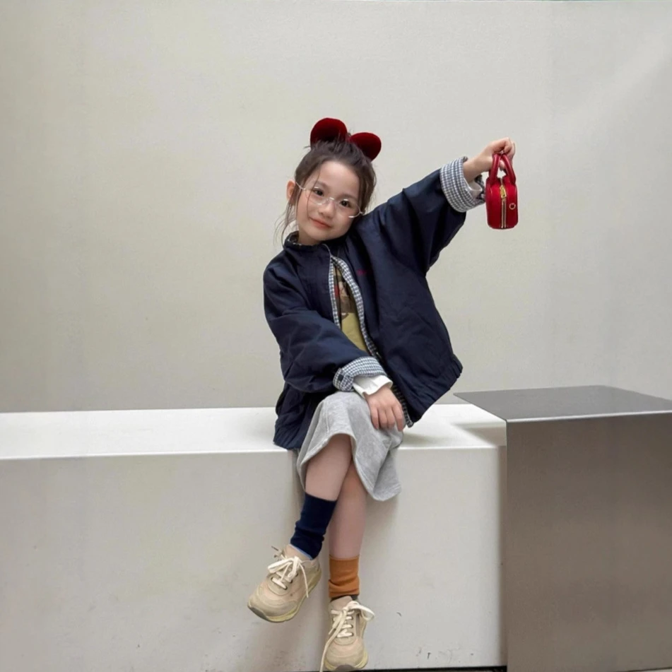 小思家女童25秋季韩系洋气时髦双面可穿外套内搭打底衫半身裙套装