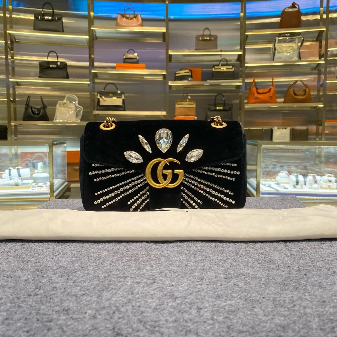 99新 GUCCI/古驰 98新marmont马蒙26单肩斜挎链条包丝绒款