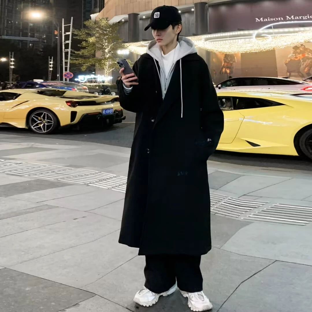 2024冬季黑色大衣韩版男士过膝长款风衣青年潮流帅气外套宽松