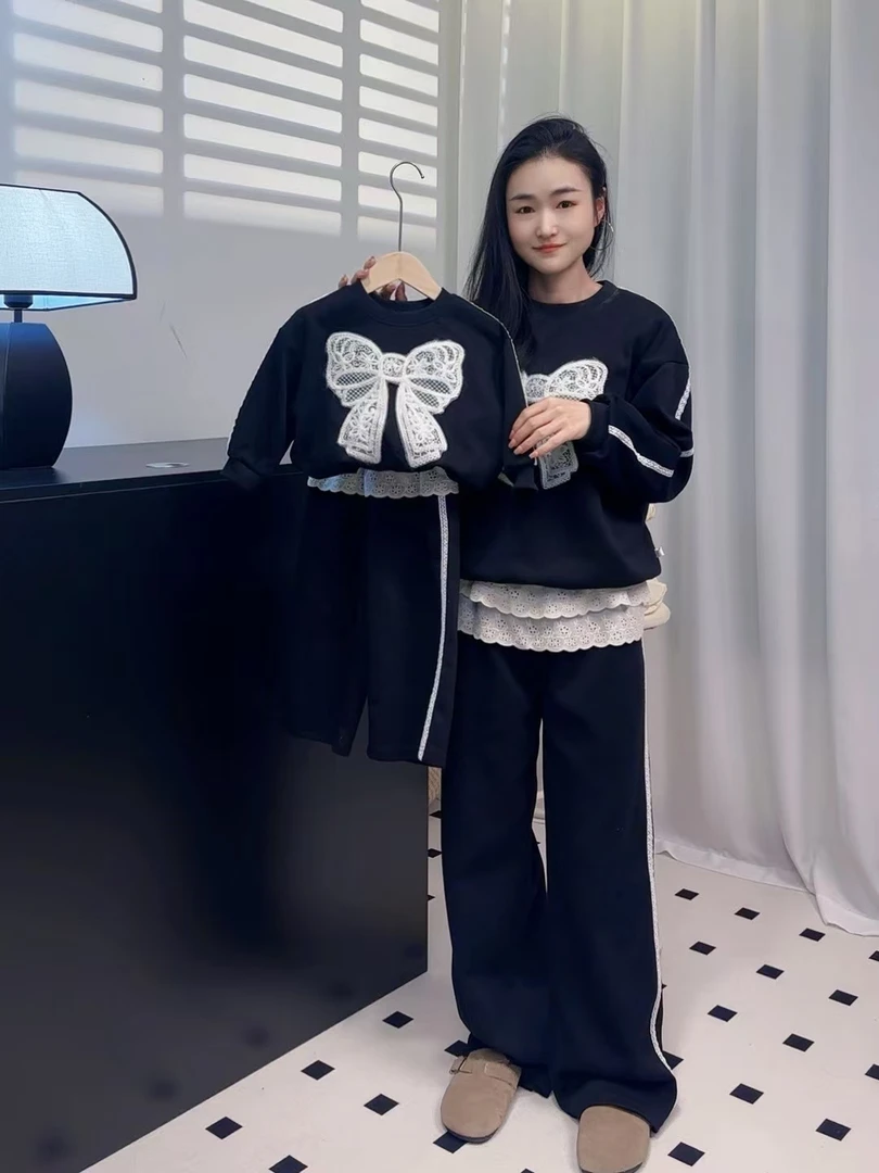 韩系亲子童装2025春款蝴蝶结卫衣卫裤两件套亲子套装潮