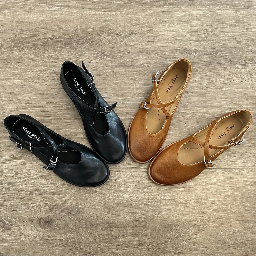 Dannyfrey春夏薄款芭蕾风单鞋真皮粗跟女鞋圆头休闲平底玛丽珍鞋