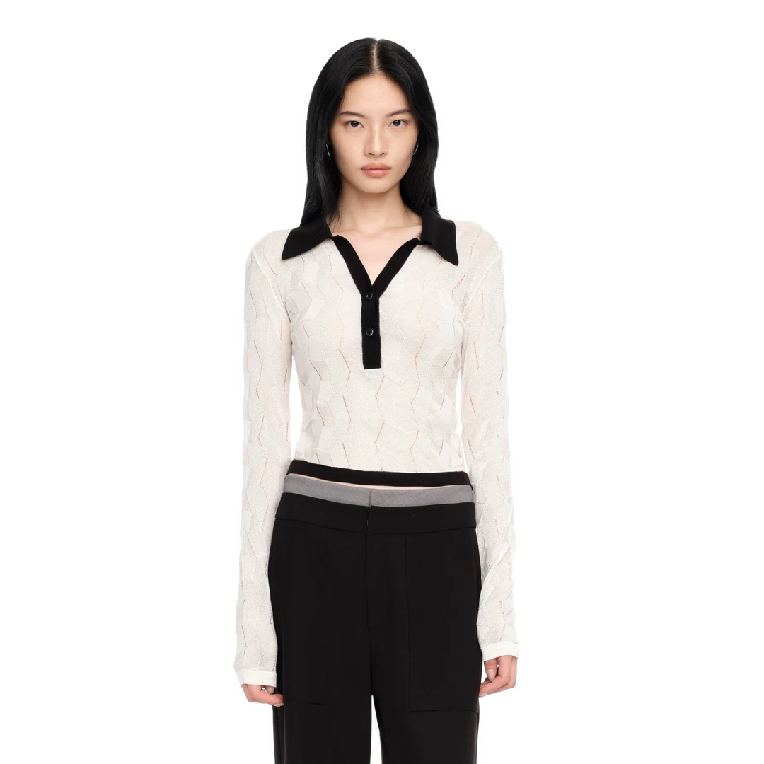 YIRANTIAN白色纹理针织长袖衬衫YRT0513WHT