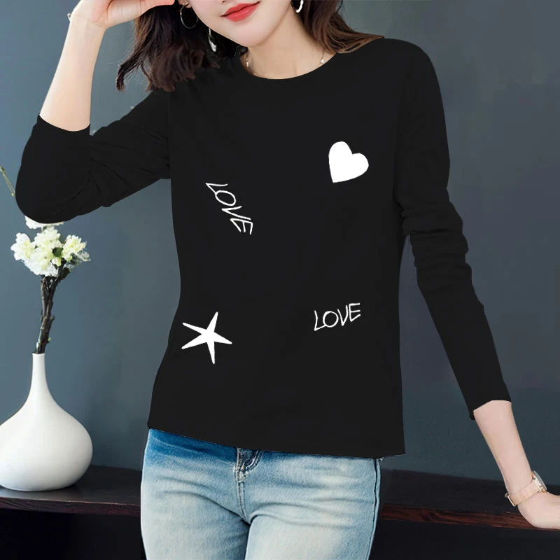 纯棉长袖T恤女白色洋气印花上衣春秋圆领修身显瘦百搭薄款打底衫