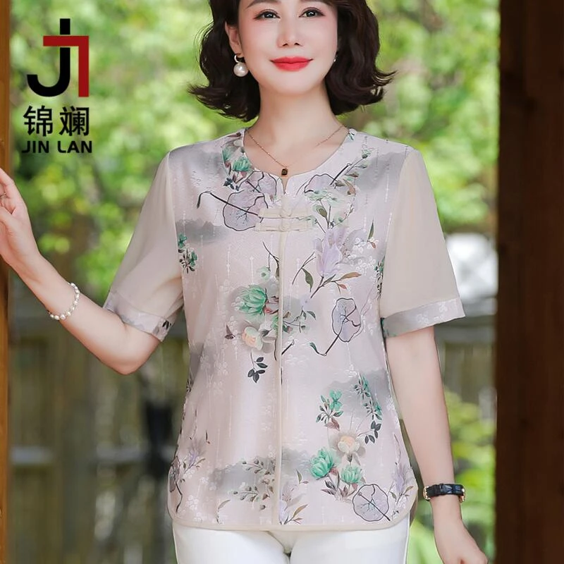 锦斓妈妈装夏季冰丝小衫新中式洋气上衣中老年妇女时尚tx恤衫套装