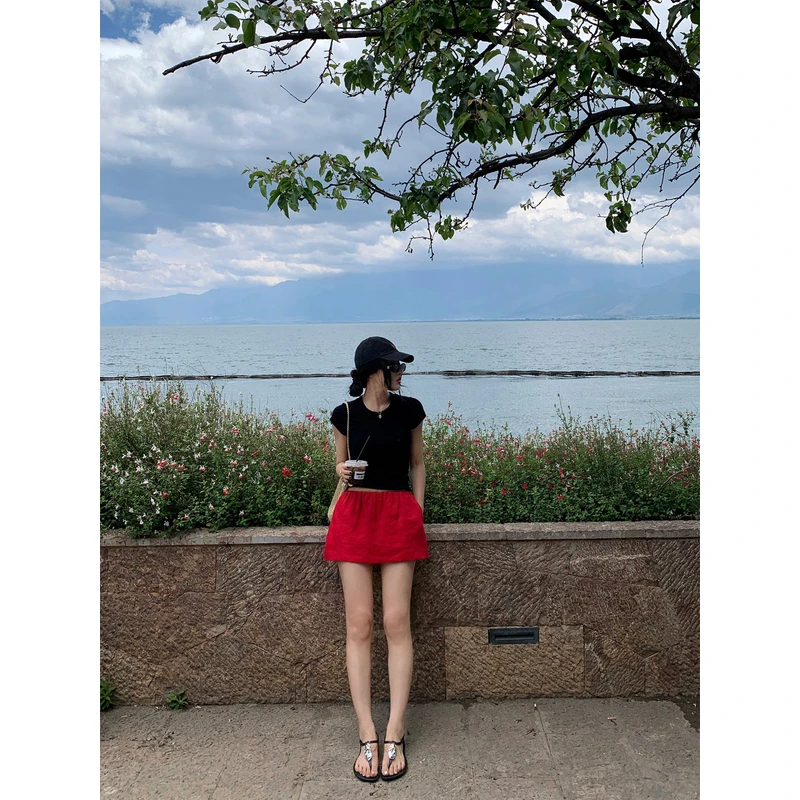 左边女装防走光中低腰短裙2025夏季新款亚麻短裙（裤）