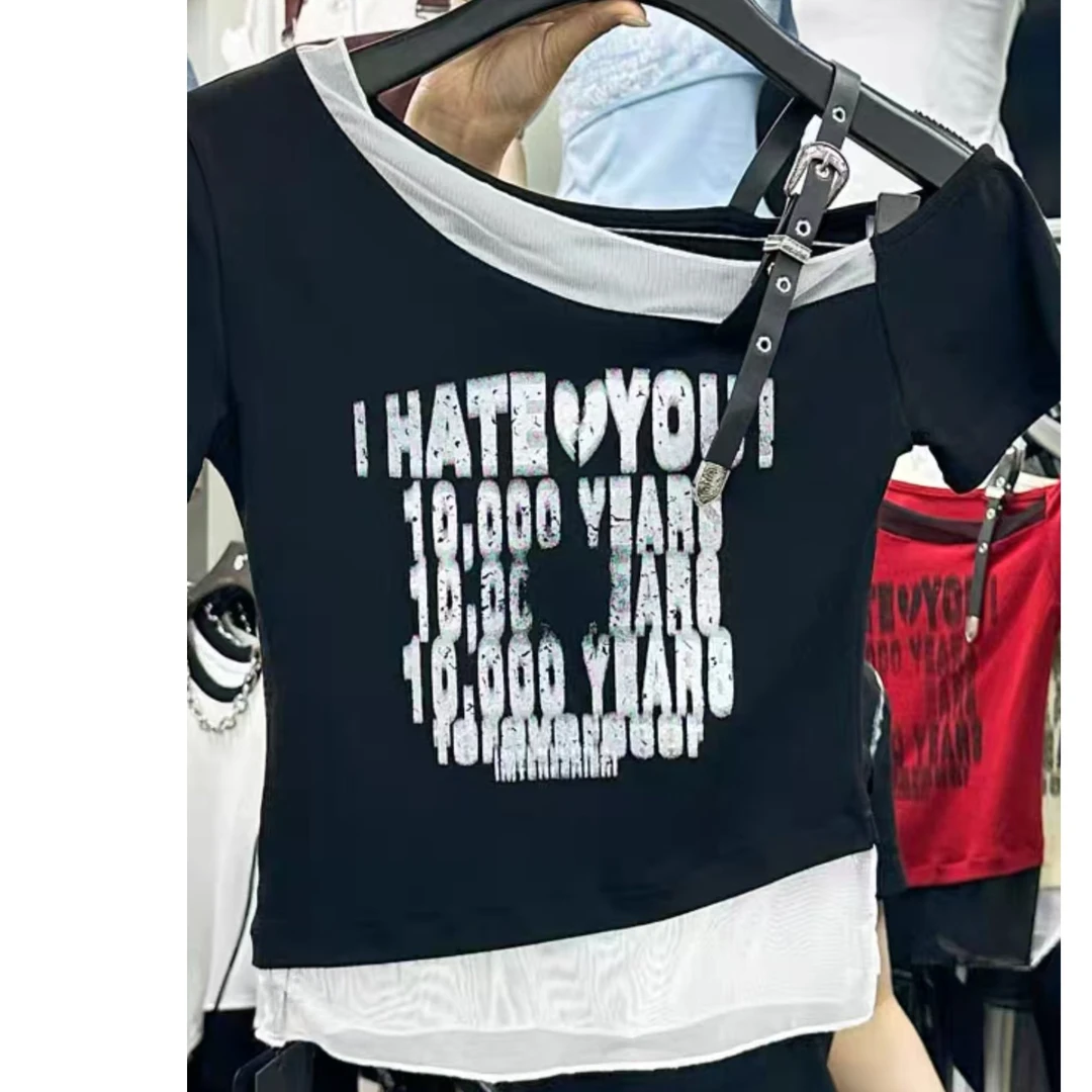 1美式甜酷风辣妹字母印花短袖T恤女夏季新款挂脖不规则露肩气质