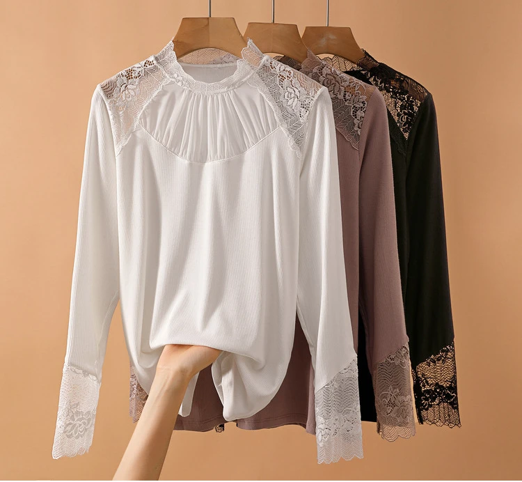 经典百搭加绒加厚蕾丝打底衫2025女秋冬款性感修身内搭半高领上衣