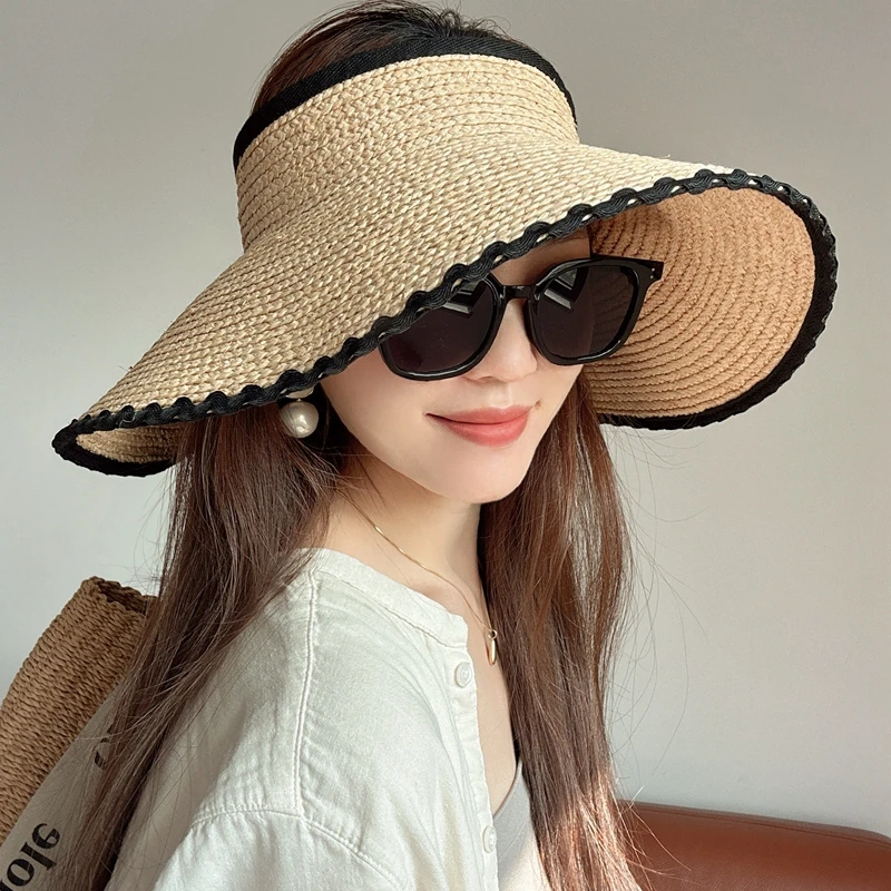日本拉菲草空顶帽女防晒帽防紫外线夏季遮阳大帽檐宽檐可折叠草帽