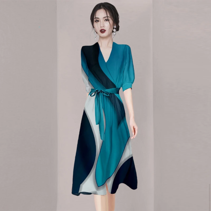 欧美时尚印花短袖连衣裙女夏2025新款高级感气质收腰V领宽松裙子