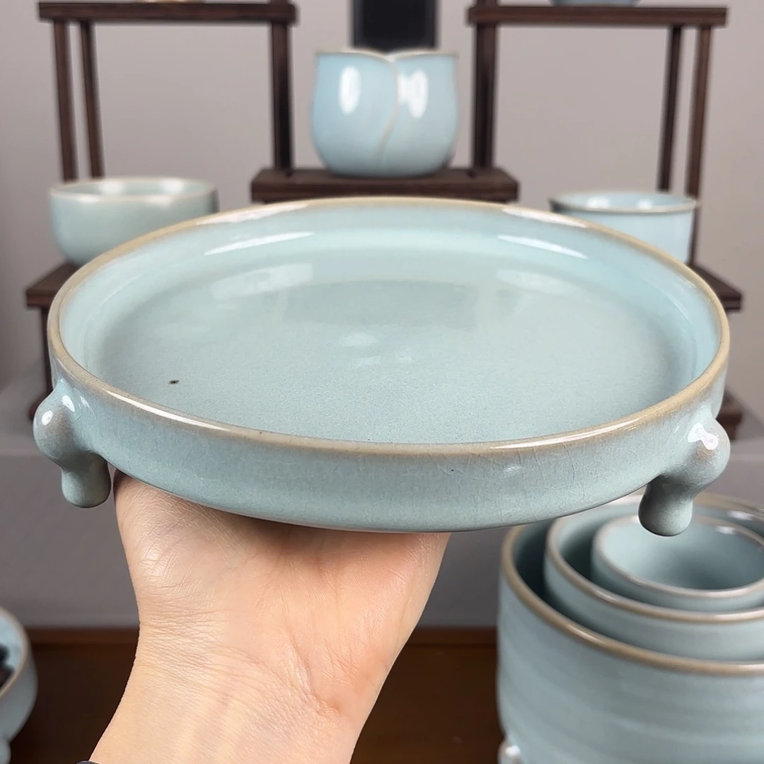 摆件天青釉大号三足洗微瑕