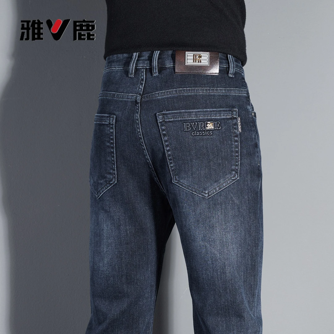 雅鹿男装秋冬长绒棉宽松直筒牛仔裤男加绒加厚弹力百搭牛仔长裤男