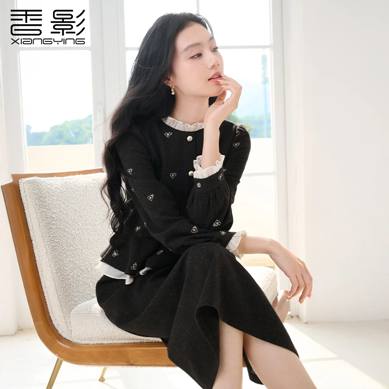 L85A582连衣裙 香影小香风假两件连衣裙女秋季新款荷叶边拼接裙子