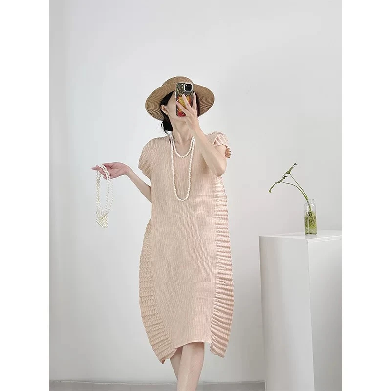 【褶十里】夏季小众设计感小香风米粒褶皱圆领显瘦海胆连衣裙