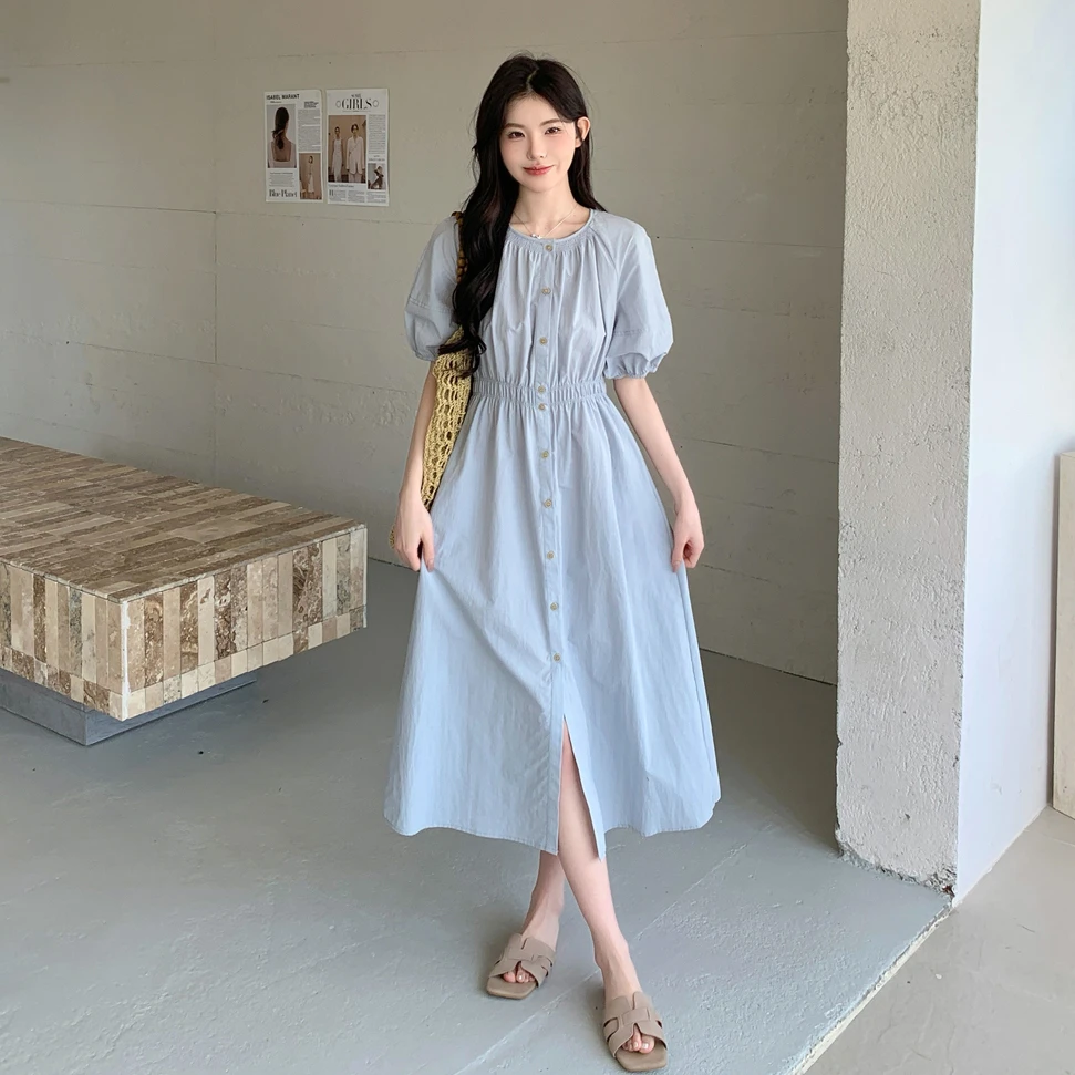 独特绝美茶歇法式泡泡袖浅蓝色连衣裙女夏清冷艺术感减龄掐腰长裙