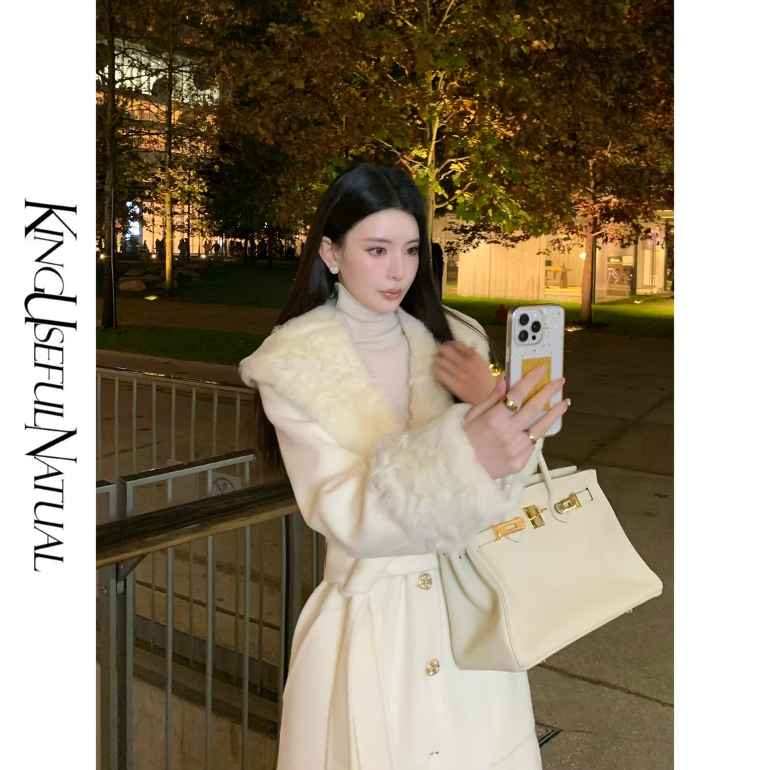 KUN【长安雪】高阶气场款 优雅米色基调精致毛领腰加厚羊毛大衣外套