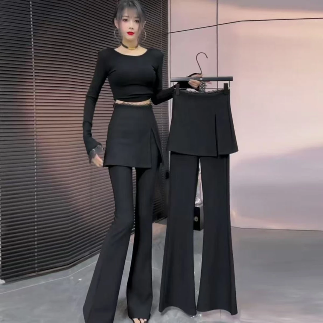 春季喇叭裤印染休闲风高腰休闲裤气质秋季秋冬休闲百搭黑色