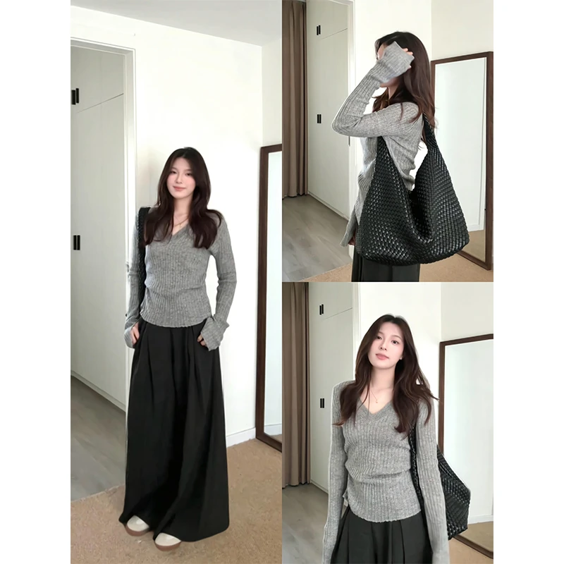 2025新款女士秋季灰色V领针织打底衫修身显瘦百搭正肩上衣阔腿裤