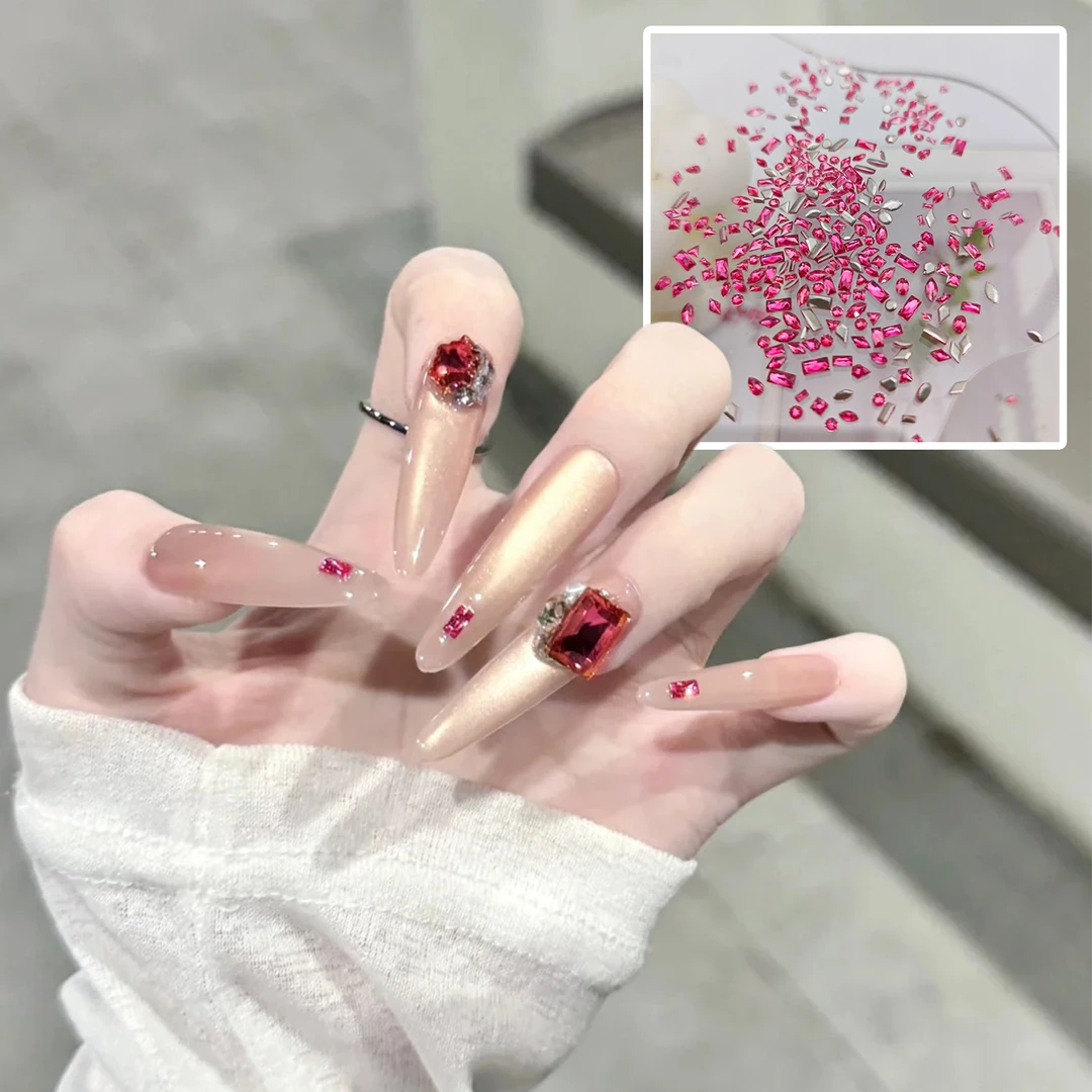 玫红锆石美甲钻饰品新款迷你倒边马眼菱形长方混装指甲配饰用品钻