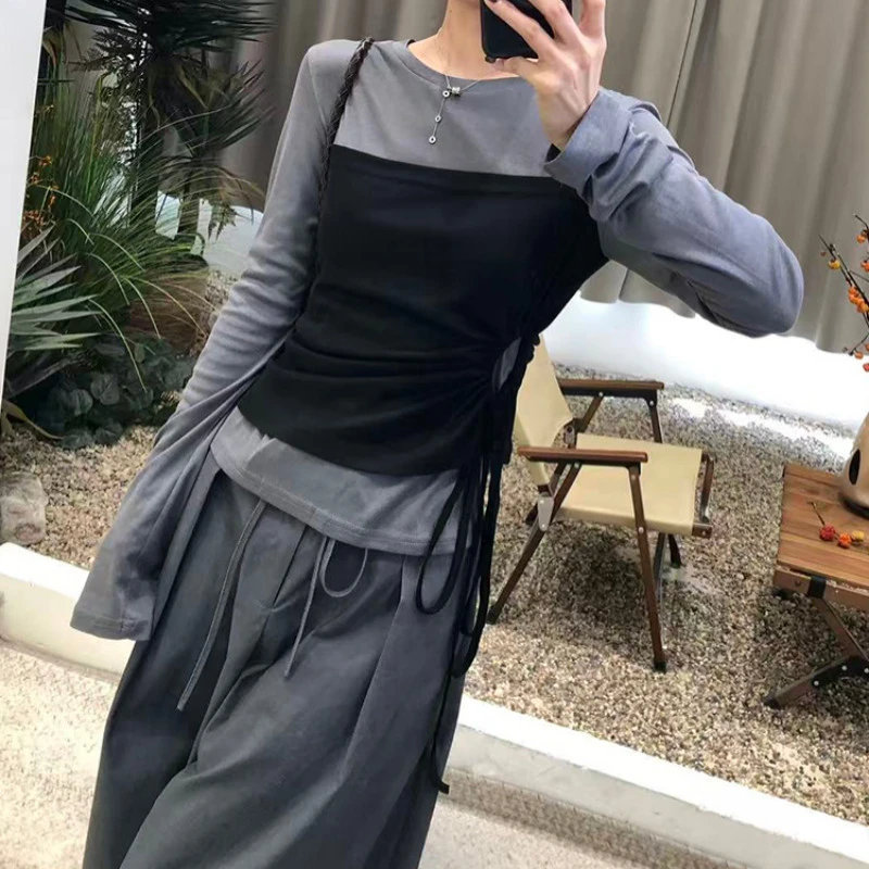 休闲显瘦拼接黑色长袖上衣女2025春秋新款气质收腰阔腿裤套装潮