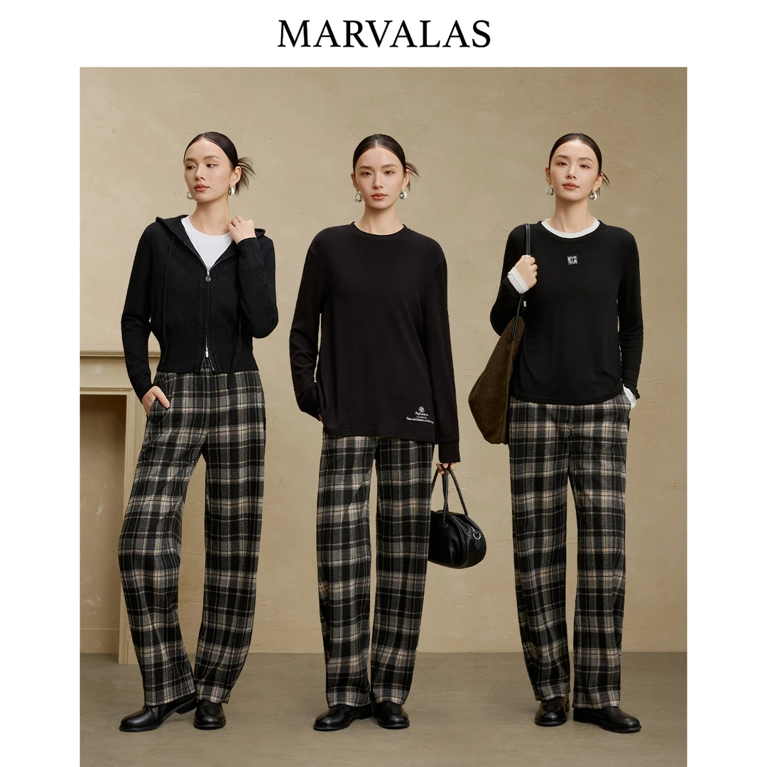 【小熊专属】曼德诗复古格纹直筒休闲裤松紧腰减龄裤子百搭阔腿裤