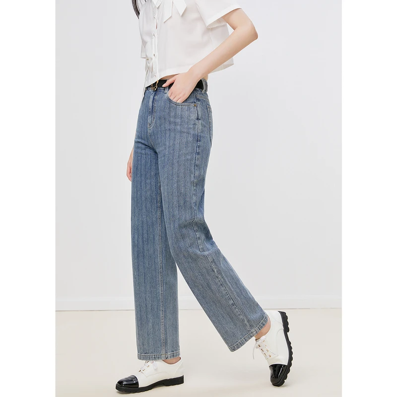 missCOCOON时尚裤子2023春新款女高腰直筒显瘦蓝色做旧风牛仔长裤