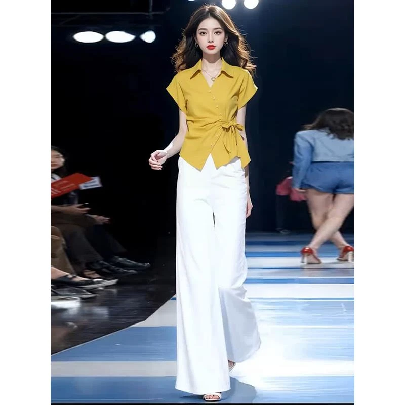 设计感不规则绑带短袖衬衫女夏季新款气质显瘦减龄阔腿裤两件套