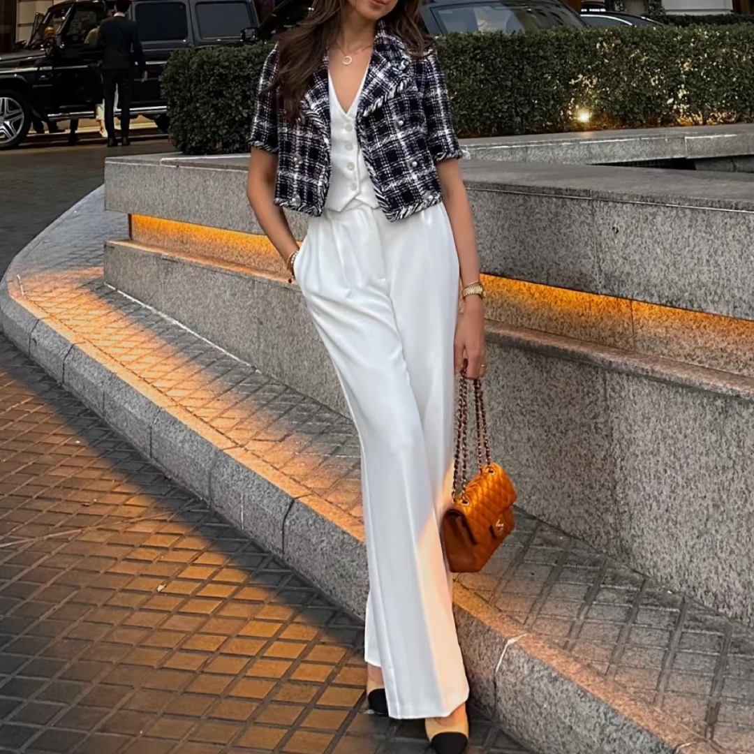 99新 Chanel/香奈儿 软呢编织霓虹线滚边短袖外套 42码 ys000598